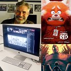 Collage showing computer monitor showing zoom meeting with illustration being shared on screen, headshot of Kevin, illustration of panda with text turning red, illustration of the iron giant
